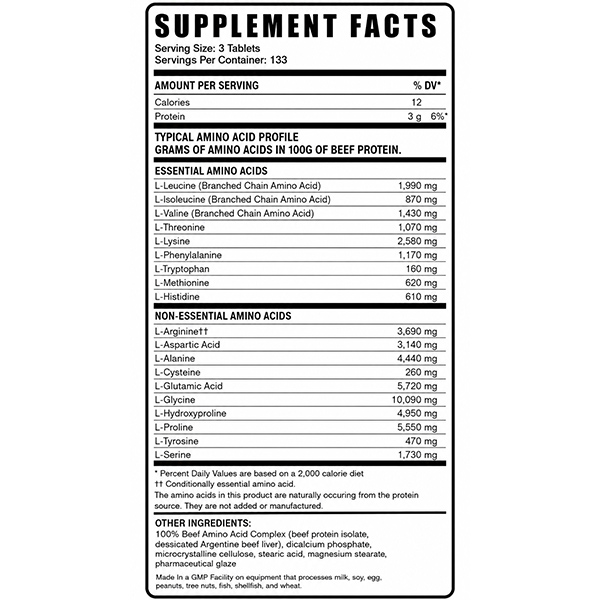جدول ارزش غذایی و پروفایل آمینواسیدی مکمل Beef Amino 400 Tablets