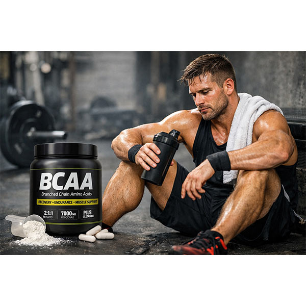 ورزشکار در حال ریکاوری بعد از تمرین با مکمل BCAA، بطری شیکر و پودر BCAA در کنار او