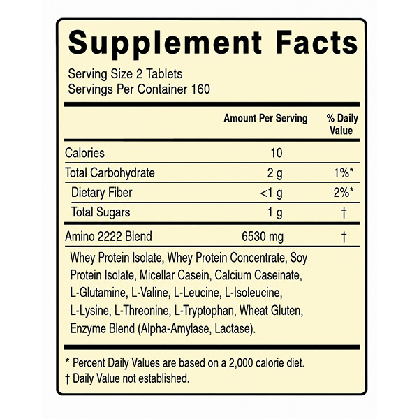 جدول ارزش غذایی مکمل آمینو 2222 اپتیموم نوتریشن (Optimum Nutrition Superior Amino 2222)