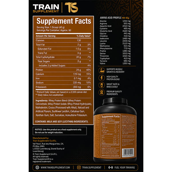 جدول ارزش غذایی و Supplement Facts پروتئین وی ماسل تک 100% Whey Gold