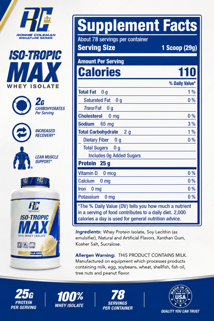 جدول مکمل فکت پروتئین وی ایزوله رونی کلمن RC Iso-Tropic Max حاوی 25 گرم پروتئین در هر سروینگ