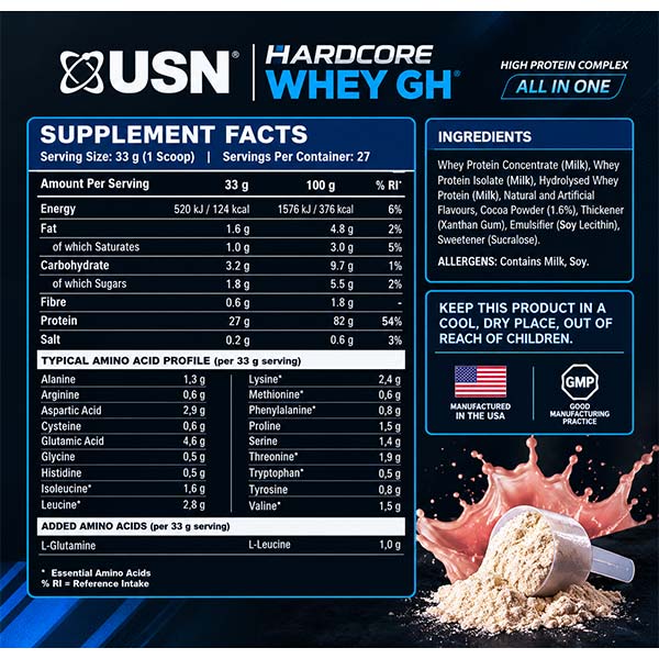 جدول ارزش غذایی و ترکیبات پروتئین وی هاردکور یو اس ان USN Hardcore Whey GH